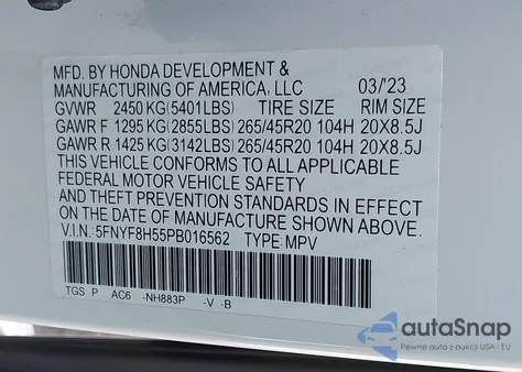 2023 Honda Passport Awd Ex-L из США, поврежденный, VIN 5FNYF8H55PB016562